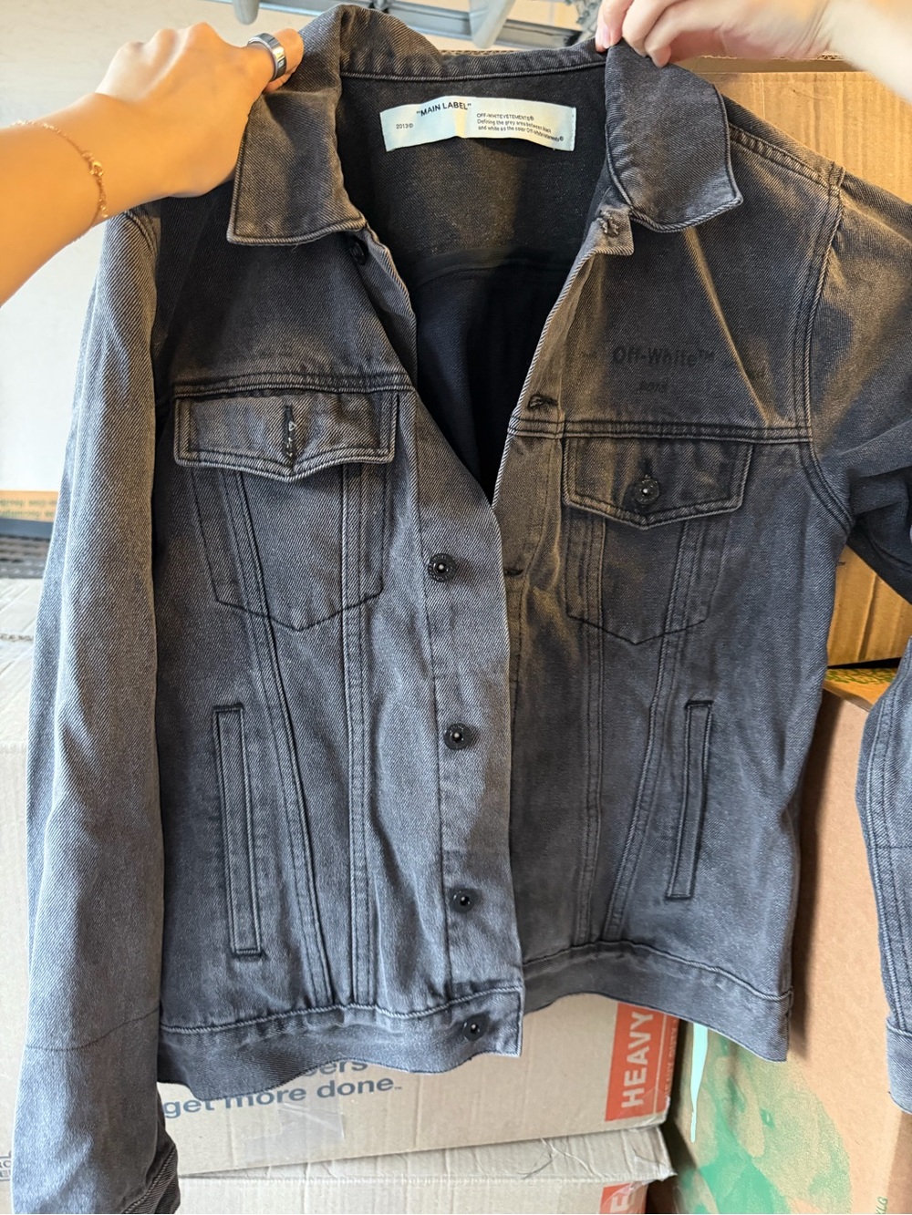 Off-White Black Washed Denim Jacket with Graphic Back Panel - Picture 2 of 4